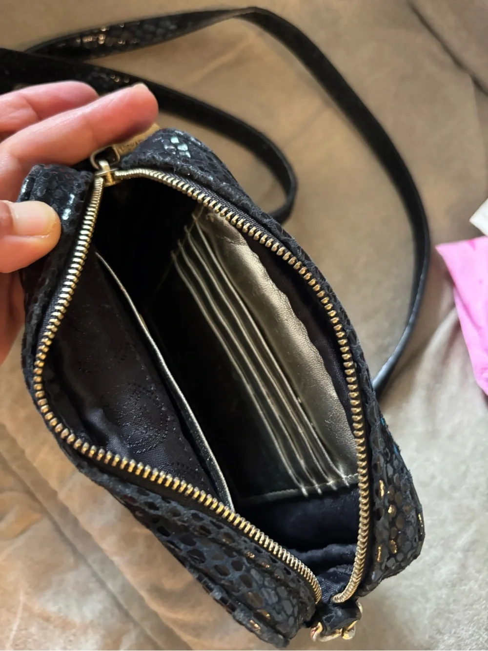 Michael Kors Black Snake-Embossed Crossbody with Gold Plate